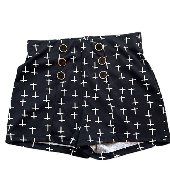 Deb black shorts with tiny white crosses and military style buttons Size medium - Picture 1 of 9